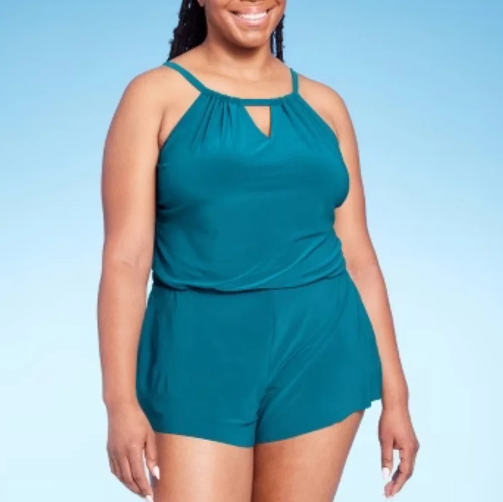 Plus Size 20 2x Womens Swimsuit Teal Blue Romper Swim One Piece - Picture 1 of 4